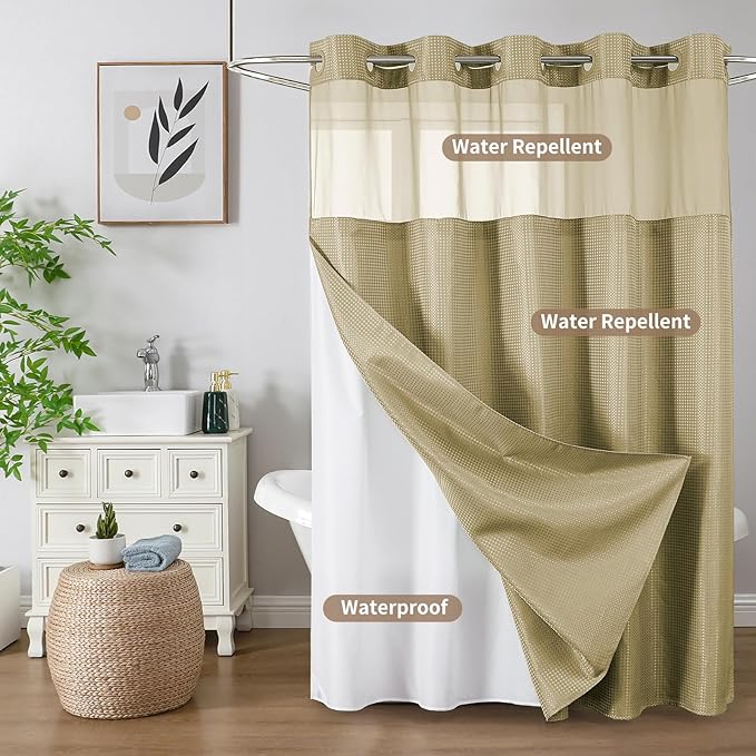 Colorful Star No Hook Waffle Shower Curtain with Snap in Fabric, Waterproof Shower Curtains with See Through Top Window, Hotel Luxury Heavy Duty Bathroom Curtain and Liner Set, 72'' x 75'', Beige