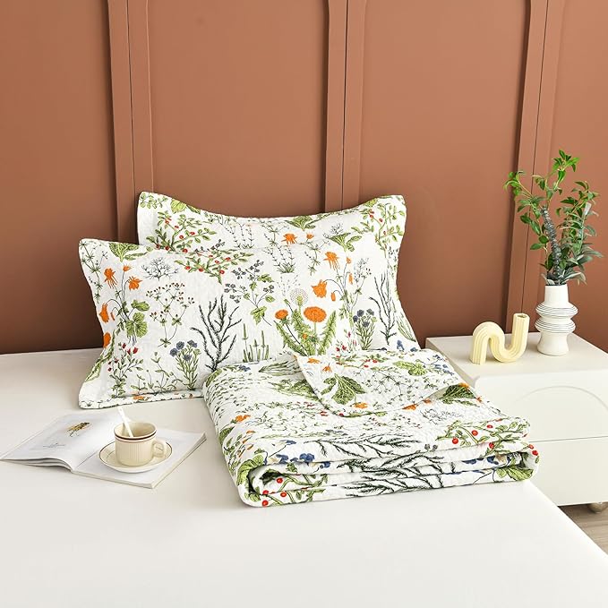Lady Ann Oversized King Bedspreads 128x120,100% Cotton Floral Quilt Coverlet California King Size Extra Large Yellow Flowers & Leaves Pattern Plant Botanical Printed Lightweight Bedding Set, 3Pcs
