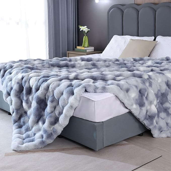 Faux Fur Soft Fluffy Tie-dye Blue Throw Blanket for Living Room Bedroom Couch 60X80 Fuzzy Bubble Thick Throw Blanket Decorative Blanket Home Decor 860 GSM