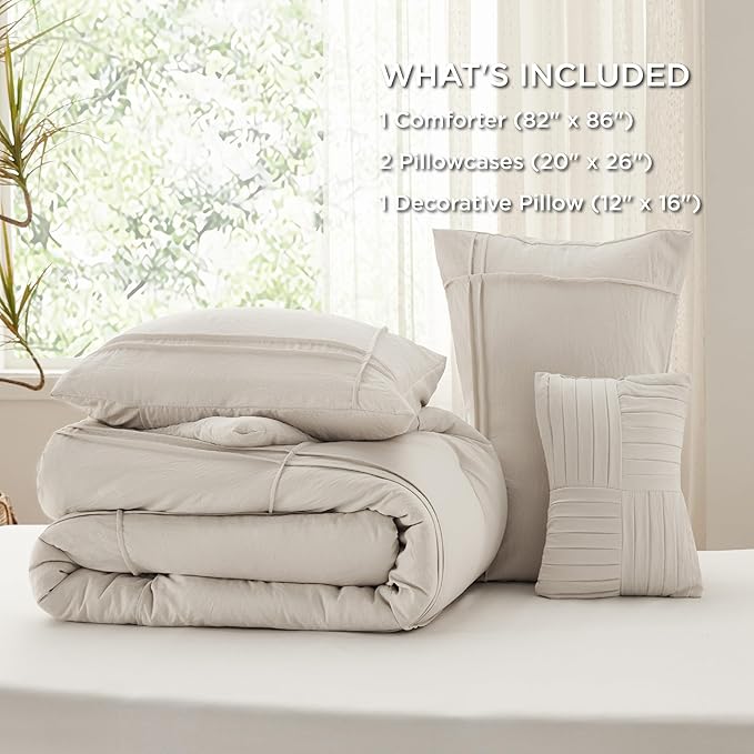 Bedsure Full Comforter Set - 4 Pieces Grid Pleat Bed Set, Beige Boho Bedding for All Season, 1 Soft Comforter, 2 Pillowcases, 1 Decorative Pillow