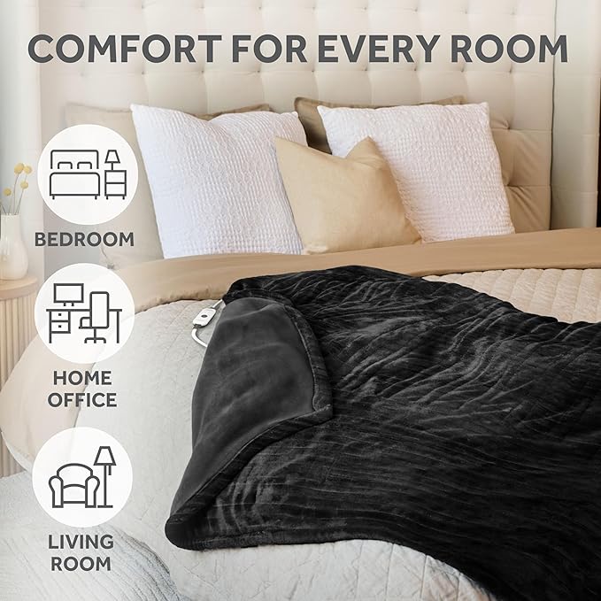 Sunbeam Electric Throw Royal Posh Velvet Heated Blanket,4 Heat Settings, 4-Hour Auto Shut-Off, Fast Heating, Lush, Silky, and Ultra Comfy, Ribbed Ebony Color, 50" x 60"
