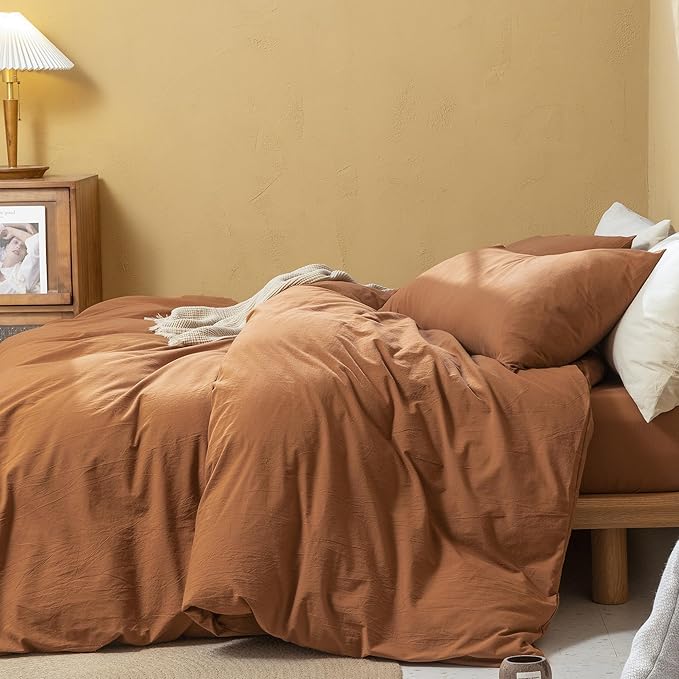 FOSSA Linen Duvet Cover Set 100% Washed Cotton Linen Feel Super Soft Breathable Cozy Simple Style 3 Pieces Bedding Sets Solid Dark Orange Super King Plus