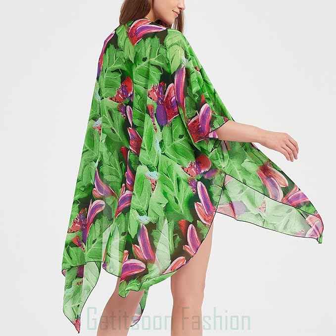 Women's Bohemian Floral Chiffon Beach Cover up Swimsuit Kimono Summer Swimwear Cardigans