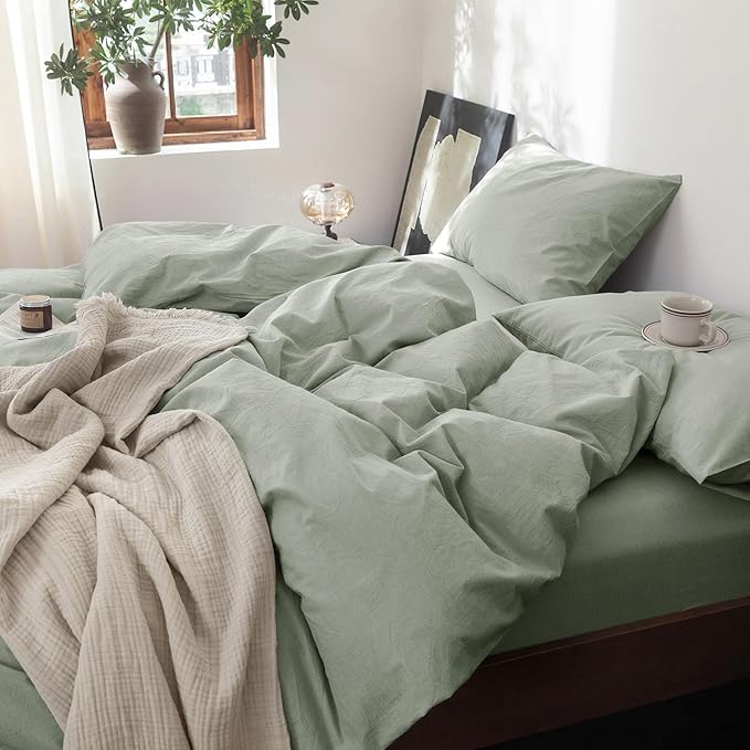FOSSA Duvet Cover Set 100% Washed Cotton Linen Feel Super Soft Breathable Cozy 3 Pieces Bedding Sets Solid Sage Green Oversized Queen