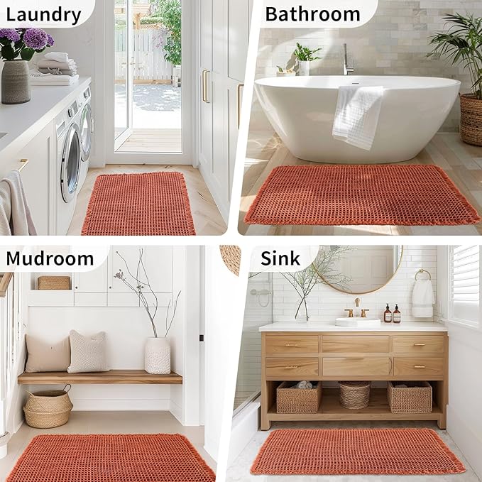 Waffle Runner Bath Mat - Long Boho Bathroom Rugs Non Slip Washable, Super Absorbent & Quick Dry, Soft Bath Mat Farmhouse Bathroom Decor, 24'' x 60'', Dirty Orange