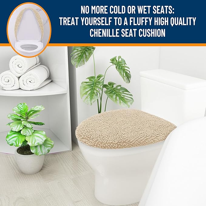 OLANLY Soft Chenille Bathroom Toilet Lid Cover, Machine Washable Seat Covers, 17.5x15, Stays in Place Rubber Backing, Fits Most Round, Elongated and Oblong Lids, Accessories Decor, Beige