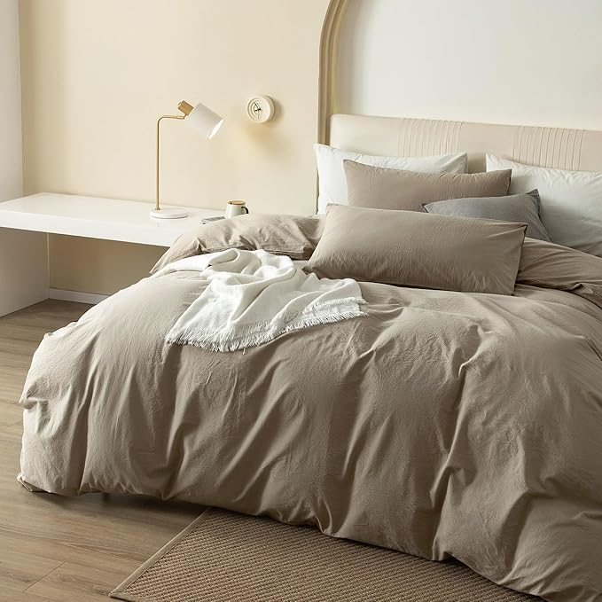 JIYUAN 100% Washed Cotton Duvet Cover Set 3 Pieces Super Queen, 1 Duvet Cover 90x98 Inches(Comforter Not Included) and 2 Pillowcases,Linen Feel Bedding Set Comfy and Breathable,Khaki