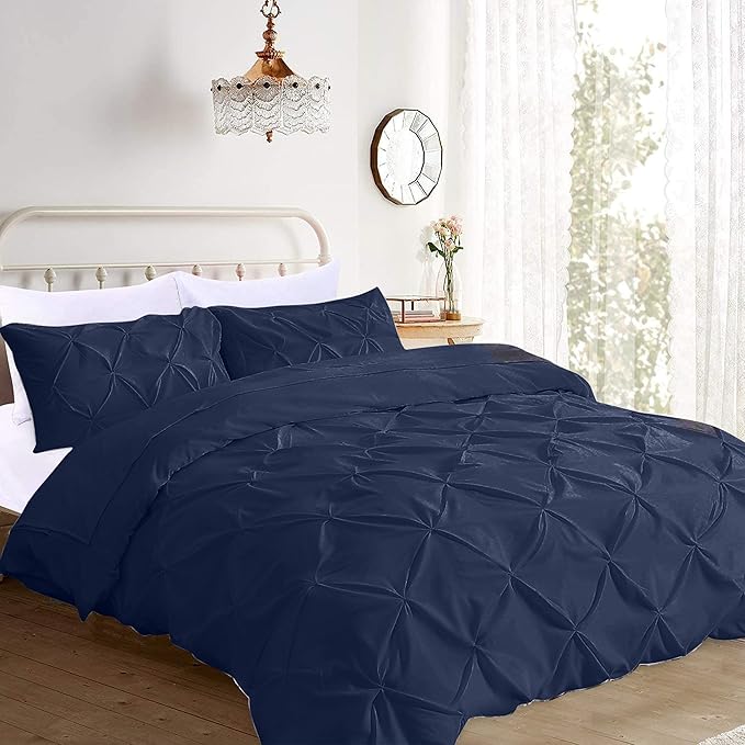 Pinch Pleated Duvet Cover Set 100% Brushed Microfiber 3PC Oversize Size 98x120 Duvet Cover Set, Decorative Pinch Design Navy Blue Duvet Cover with Matching Pillow Case