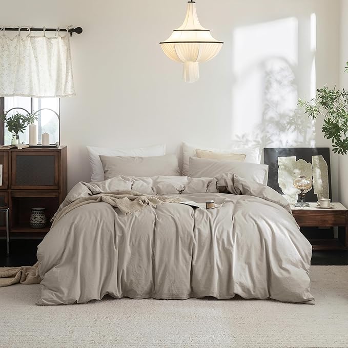 FOSSA Duvet Cover Set 100% Washed Cotton Linen Feel Super Soft Breathable Cozy 3 Pieces Bedding Sets Solid Cream Grey Super King
