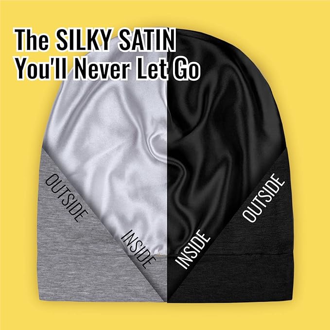 Satin Lined Sleep Cap Bonnet for Curly Hair and Braids, Stay On All Night Hair Wrap with Adjustable Strap for Women and Men, Black and Grey, Pack of 2