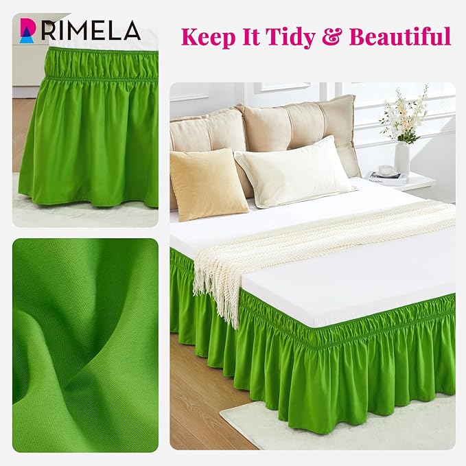 RIMELA Green Bed Skirt King Size 15 Inch Drop, Elastic Bed Skirting for Bed Base and Frame, Bedding Dust Ruffle Easy to Install, Lightweight Wrap Around Adjustable Bedskirt