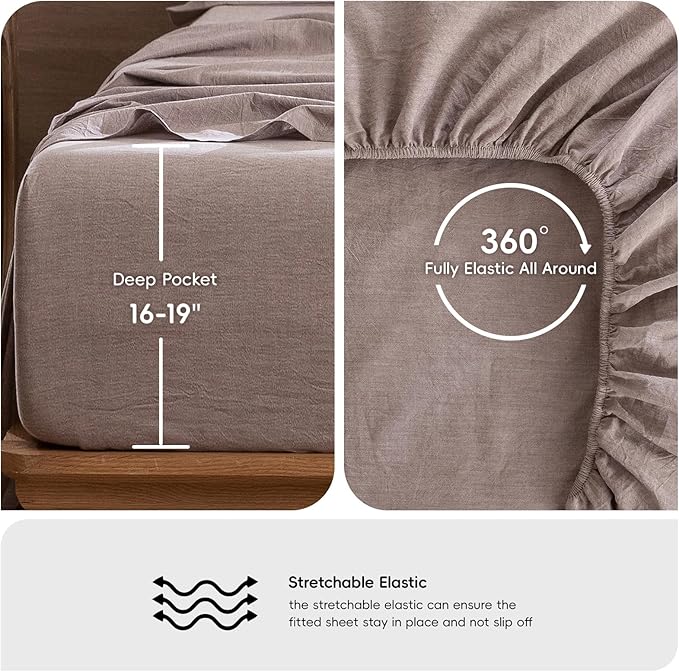 MooMee Bedding Sheet Set 100% Washed Cotton Linen Like Textured Breathable Durable Soft Comfy (Heathered Mauve Brown, King)