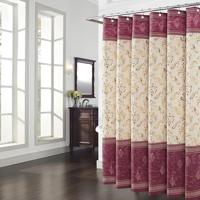 Long Fabric Shower Curtain, Burgundy and Gold Damask Print Shower Curtains for Bathroom, Classic Baroque Bathroom Curtains, 78" W x 78" H