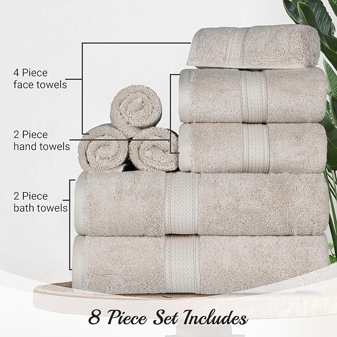 Superior Egyptian Cotton Pile 8 Piece Towel Set, Includes 2 Bath, 2 Hand, 4 Face Towels/Washcloths, Ultra Soft Luxury Towels, Thick Plush Essentials, Guest Bath, Spa, Hotel Bathroom, Silver