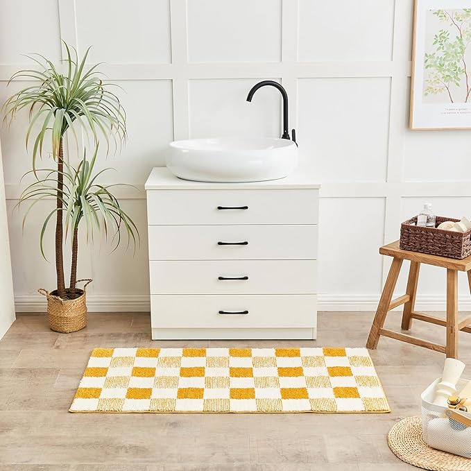 CozeCube Bath mats for Bathroom Non Slip, Fluffy Absorbent Microfiber Bath mat Washable, Aesthetic Bathroom Rugs, Long Harvest Gold Checkered Bath mat, Harvest Gold, 47" x 24"