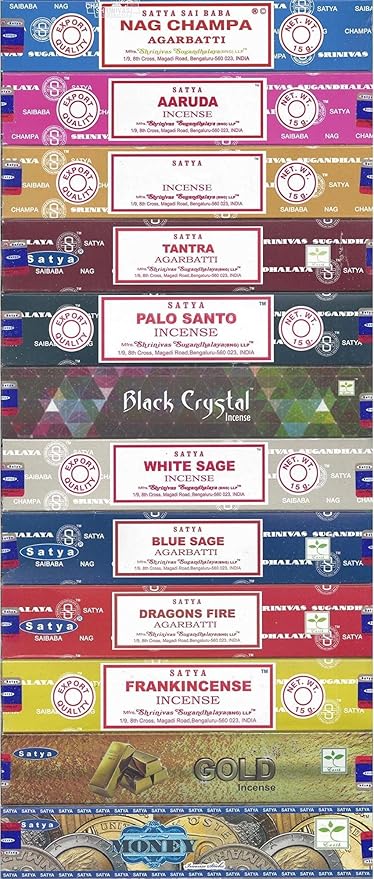 Satya Bangalore (BNG) Set of 12 Nag Champa Money Gold Black Crystal Aaruda Palo Santo White Sage Frank Tantra Blue Sage Dragon's Fire, VarietyPack04