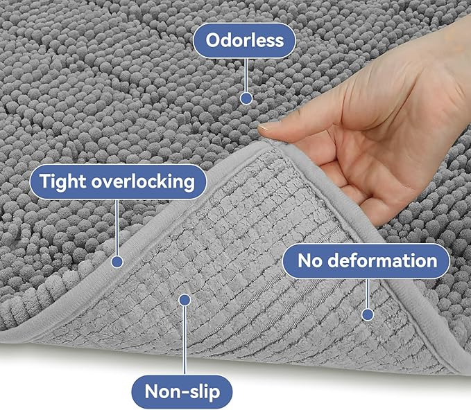 Bcoimo 48"×24" Chenille Bath Mat – Non-Slip with Backing Bath Rug Ultra-Absorbent and Machine Washable Bathroom Mat Quick-Dry Design. Ideal for Bathroom and Tub Areas