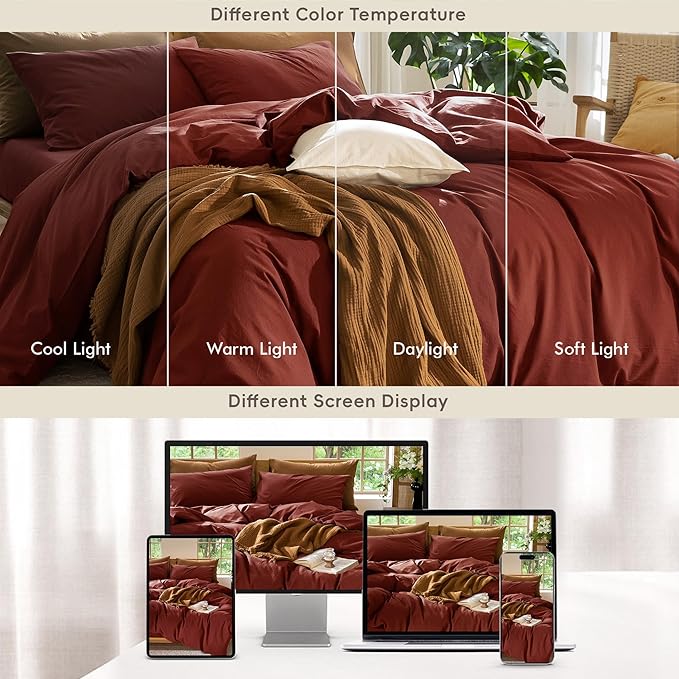 MooMee Bedding Duvet Cover Set 100% Washed Cotton Linen Like Textured Breathable Durable Soft Comfy (Solid Fired Brick Red, Twin 68"x90")