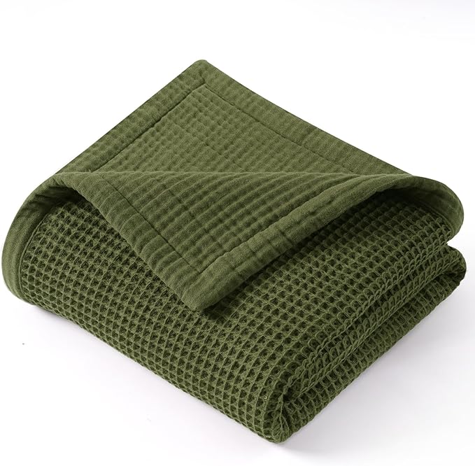 PHF 100% Cotton Waffle & Muslin Throw Blanket Large, Soft Breathable Luxury 400GSM Versatile Reversible Bedding for Couch, Great for Layering in Cold Weather, Home Decor Gift, 50" x 70", Olive Green