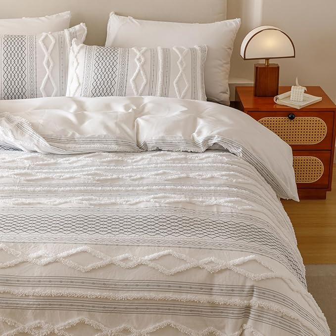 Cottonight White Black Boho Comforter Set Full Farmhouse Tufted Bedding Set Soft Bohemain Shabby Chic Blanket Quilts Embroidery Rustic Luxury Soft 3PCS Bed Set for Women Men