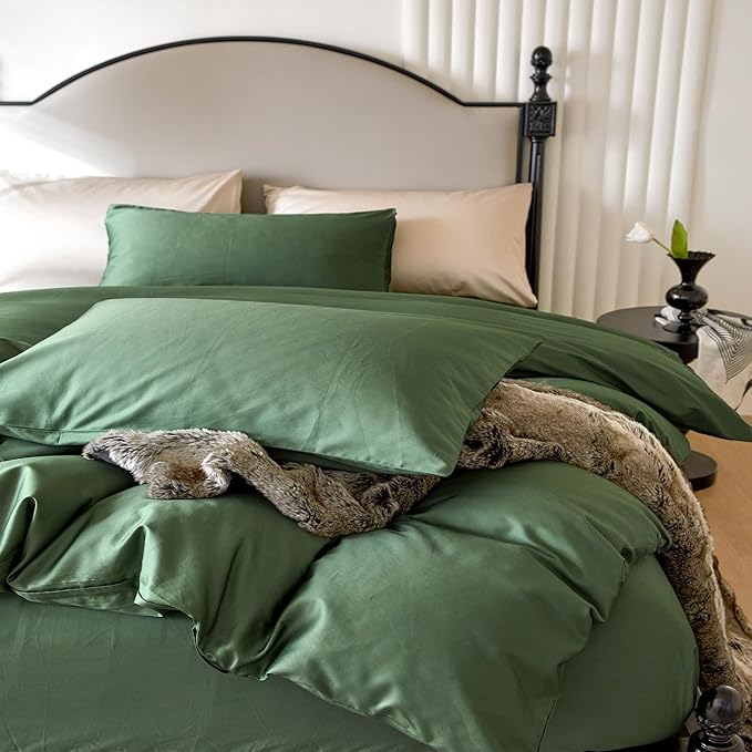 PURE ERA Duvet Cover Set 800 Thread Count Long Staple Cotton Sateen Silky Soft Luxurious Smooth 3 Piece Set Forest Green Cal King