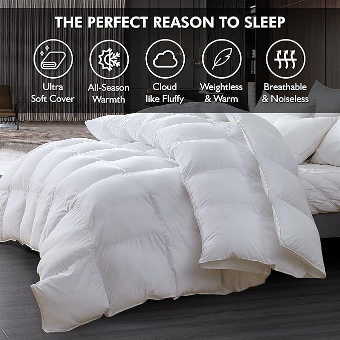 Luxurious Full Size Goose Down Fiber Waterfowl Feather Fiber Comforter Duvet, 100% Egyptian Cotton Cover, 45 oz. Fill Weight, Baffle Box Design, White Solid