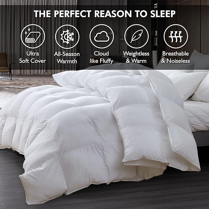 Luxurious Oversize California King 108" x 98" Size Goose Down Fiber Waterfowl Feather Fiber Comforter Duvet, 100% Egyptian Cotton Cover, 68 oz. Fill Weight, Baffle Box Design, White Solid