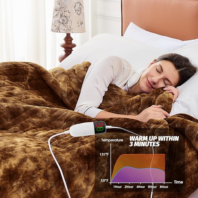 greenoak Heated Electric Blanket Throw, Faux Fur Sherpa Heating Blanket for Sofa Bed, Warm Winter Gifts for Dad/Grandma, Heater Lap Blankets 5-Position Timer &10 Heating Levels 50''*60" Brown