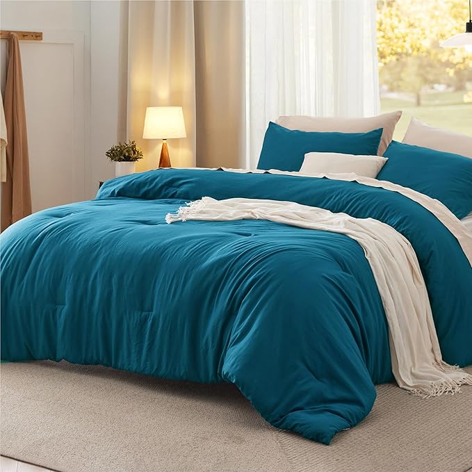 Bedsure Full Size Comforter Set, Teal Soft Prewashed Bedding for All Seasons, 3 Pieces GentleSoft™ Warm Down Alternative Bed Set, 1 Lightweight Comforter (82"x86") and 2 Pillowcases (20"x26")