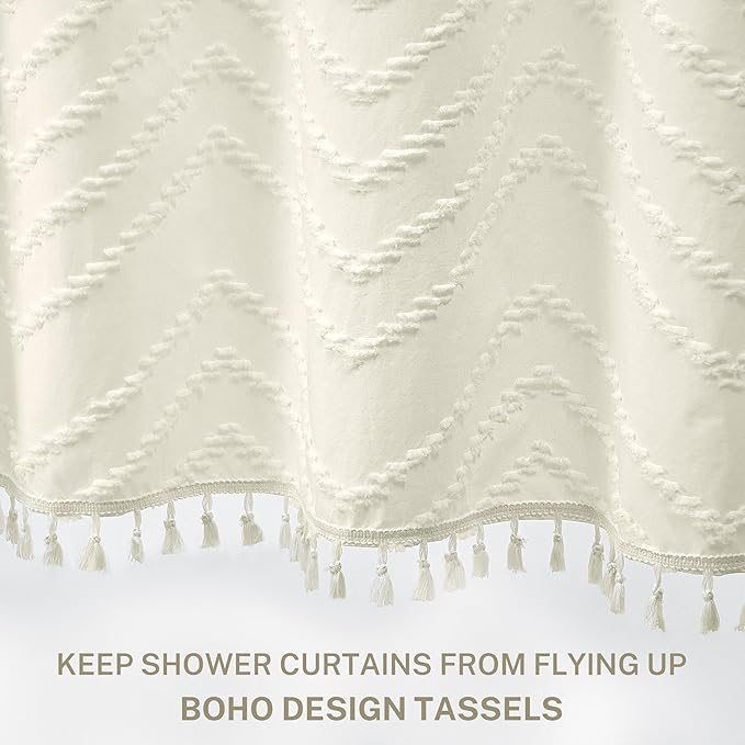 Boho Farmhouse Shower Curtain, 72 x 72 Tufted Chevron Textured Striped Modern Farmhouse Minimalist Cream Shower Curtain for Bathroom