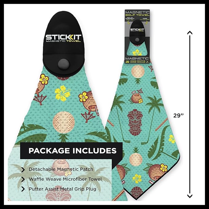 STICKIT Magnetic Golf Towel, Teal Tiki | Top-Tier Microfiber Golf Towel with Deep Waffle Pockets | Industrial Strength Magnet for Strong Hold to Golf Carts or Clubs