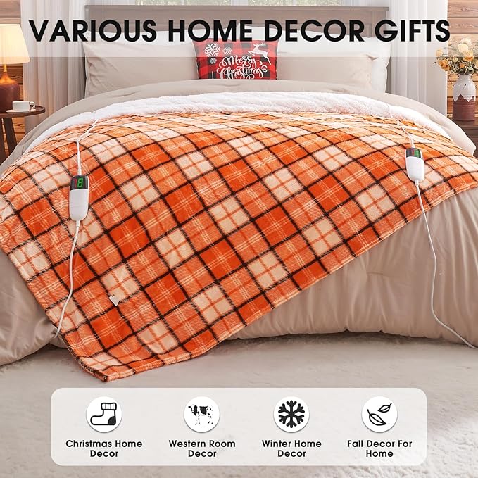 OCTROT Electric Heated Blanket King Size, 90X100 Orange Blanket with Dual Control&10 Heats Levels&Timer for Bed,Large Plaid Sherpa Heating Blankets Warmer Gifts for Women Grandma Halloween Home Decor