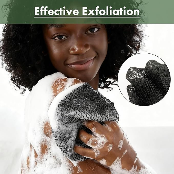 African Net Sponge Authentic with Handles (Set of 2), African Exfoliating Net Sponge, Exfoliating Body Scrubber Bath Sponge - Bathing Accessories with Storage Bag (Blue & Black)
