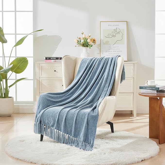 CozeCube Chenille Throw Blanket for Couch, Cozy Plush Fuzzy Decorative Dusty Blue Blanket with Fringe Tassels, Lightweight Throws for Bed Sofa Gift Home Decor, 50"X60"
