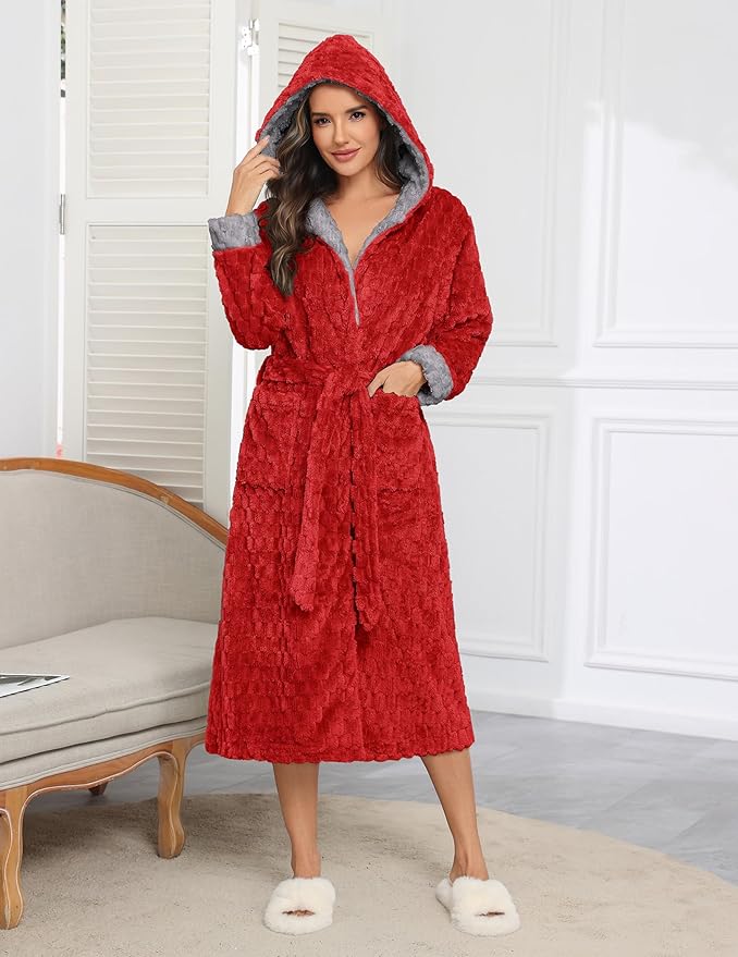 Ekouaer Womens Plush Robes Long Soft Jacquard Fluffy Bathrobe Hooded Robe Sleepwear with Pockets
