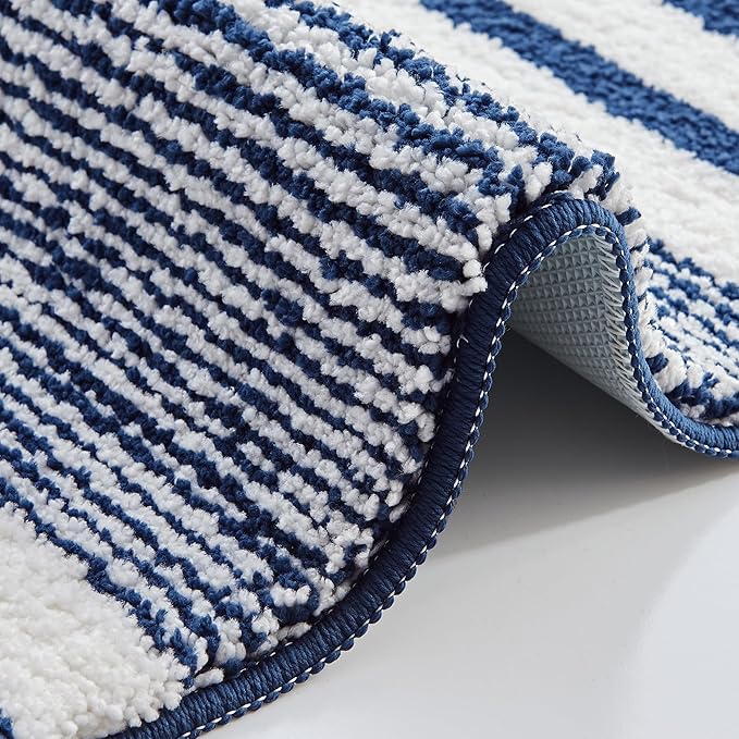CozeCube Bath mats for Bathroom Non Slip, Fluffy Absorbent Microfiber Bath mat Washable, Aesthetic Bathroom Rugs, Large Navy Blue Striped Bath mat, Navy Blue, 36" x 24"