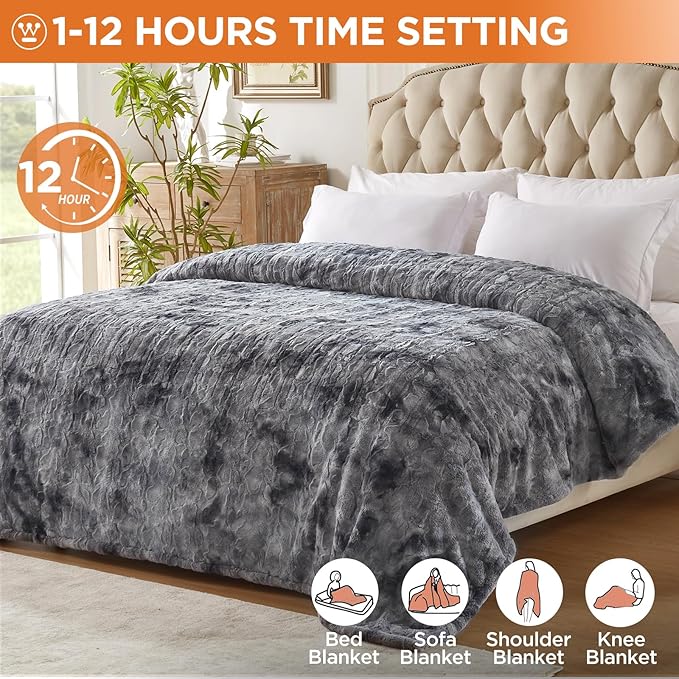 Westinghouse Electric Blanket Full, Faux Fur Heated Blanket with 10 Heating Levels & 1-12 Hours Auto Off, Soft Cozy Sherpa Heated Blanket Washable Blanket (80" x 84" Full Size, Grey)