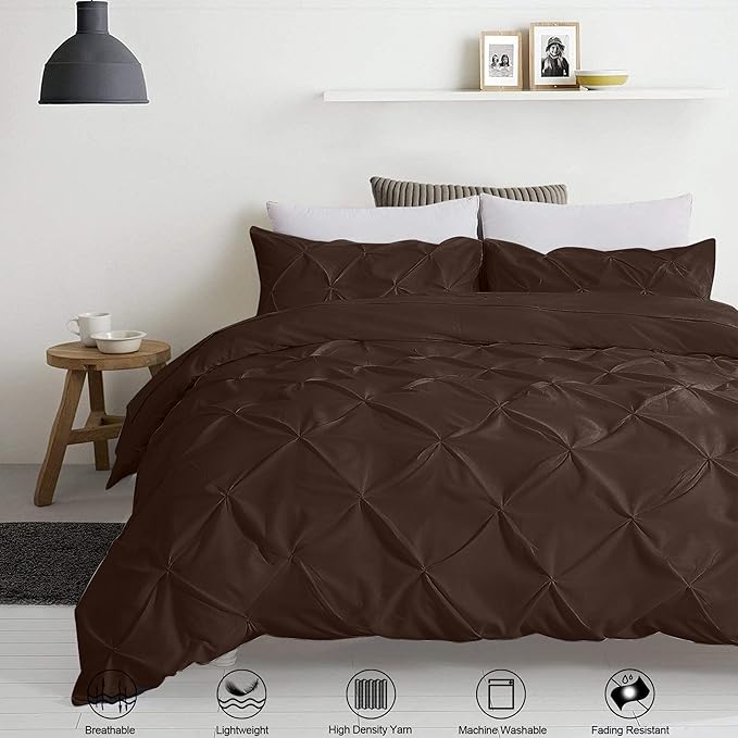 Pinch Pleated Duvet Cover Set 100% Cotton 3PC Super King Size 98x108 Duvet Cover Set, Decorative Pinch Design Brown Duvet Cover with Matching Pillow Case