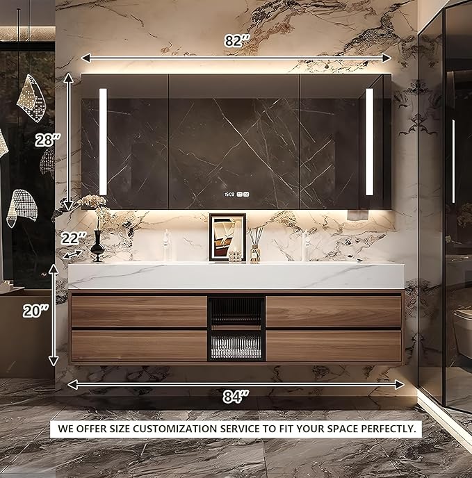 84IN Bathroom Vanity with Double Sink, Modern Bathroom Vanity with LED Smart Defog Mirror Cabinet & Integrated Ceramic Sink, Floating Vanities with Drawers and Glass Cabinet Door (Walnut)