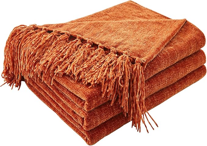 CozeCube Chenille Throw Blanket for Couch, Cozy Plush Fuzzy Decorative Rust Orange Blanket with Fringe Tassels, Lightweight Throws for Bed Sofa Gift Home Decor, 50"X60"