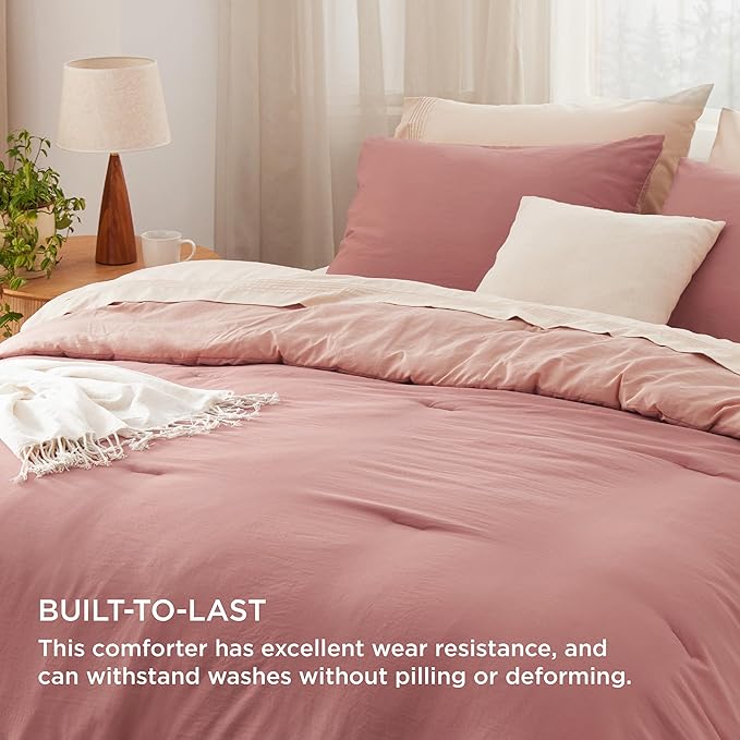 Bedsure King Size Comforter Set, Reversible Pink Clay Soft Prewashed Bedding for All Seasons, 3 Pieces Warm Down Alternative Bed Set, 1 Lightweight Comforter (104"x90") and 2 Pillowcases (20"x36")
