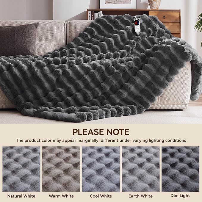 Heated Blanket Queen Size with 1/2/4/6/8 Hours Auto-Off 10 Heat Level, 72'' * 84'' Cozy Faux Rabbit Fur Bubble Electric Blanket with Overheat Protection(Dark Grey)