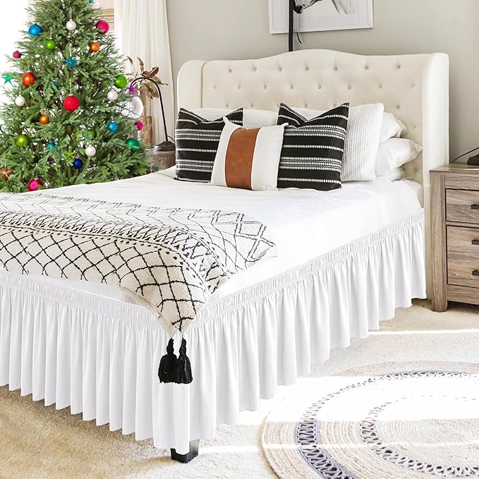 Biscaynebay Wrap Around Bed Skirts for Twin & Twin XL Beds Extra Short Drop of 9", White Elastic Dust Ruffles Easy Fit Wrinkle & Fade Resistant Silky Luxurious Fabric Solid Machine Washable