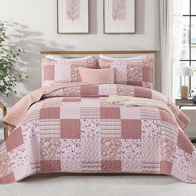 Mybedsoul Patchwork Quilt Set Queen Size, 3 Pieces Pink Floral Plaid Bedspread Coverlet Set, Reversible Soft Microfiber Bedding Set for All Season, Fall Winter Queen 90"x96"