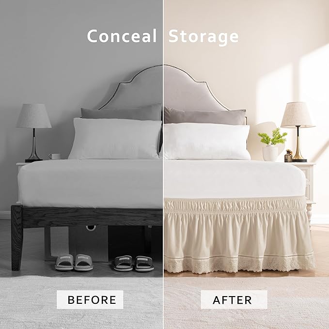 MIYE Wrap Around Ruffled Lace Bed Skirt, Elastic Dust Ruffle with Adjustable Belts, Easy to Put On, Bed Frame Cover, Machine Washable (Embroidered/Light Beige, King/Queen-18 Drop)