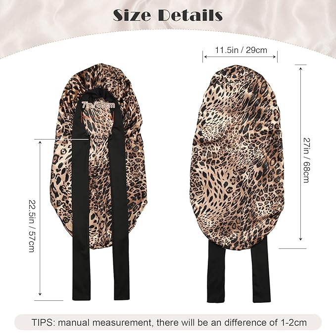AWAYTR Long Satin Bonnet for Braids - Elastic Silk Hair Bonnets for Sleeping Night Cap Stretchy Tie Band for Women（Leopard）