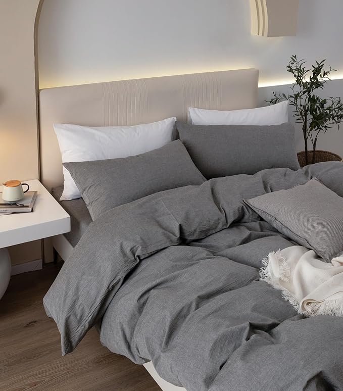 JIYUAN 100% Washed Cotton Duvet Cover Set 3 Pieces Alaska King, 1 Duvet Cover 132x120 Inches(Comforter Not Included) and 2 Pillowcases,Linen Feel Bedding Set Comfy and Breathable,Heathered Dark Grey