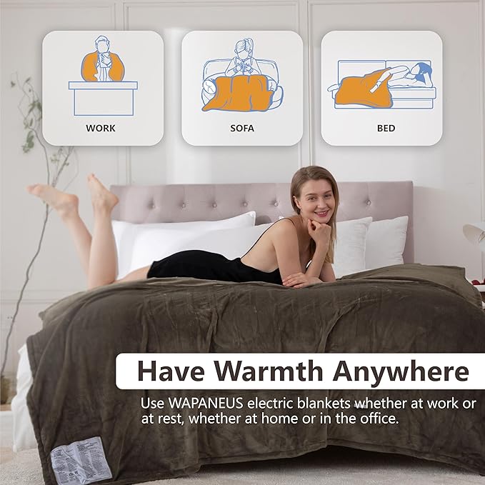 Wapaneus Heated Blanket Electric Full Size 72"x84" with 10 Heating Levels 12 Timer Settings and 8 Hours Auto-Shut Off,Flannel Fast-Heating Electric Blanket,ETL Listed Machine Washable,Dark Brown