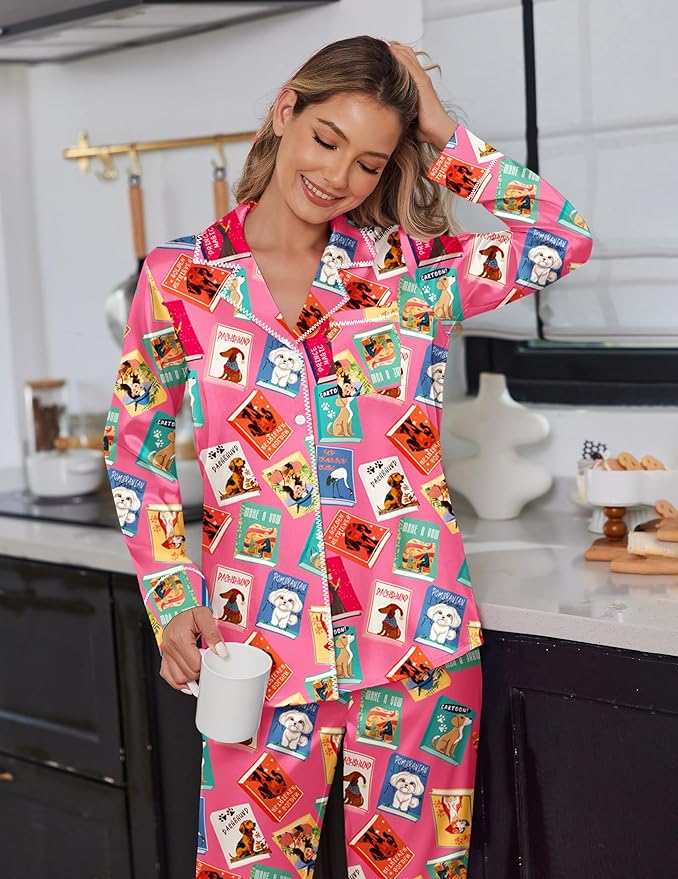 Ekouaer Satin Pajama Set for Women Silky Sleepwear Long Sleeve Top and Pants Button Down Pjs Lounge Set
