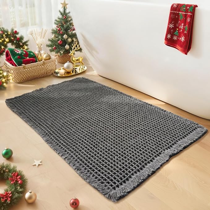 Waffle Bath Mat - Boho Bathroom Rugs Non Slip Washable, Super Absorbent & Quick Dry, Soft Bath Mat Farmhouse Bathroom Decor, 24'' x 36'', Dark Grey